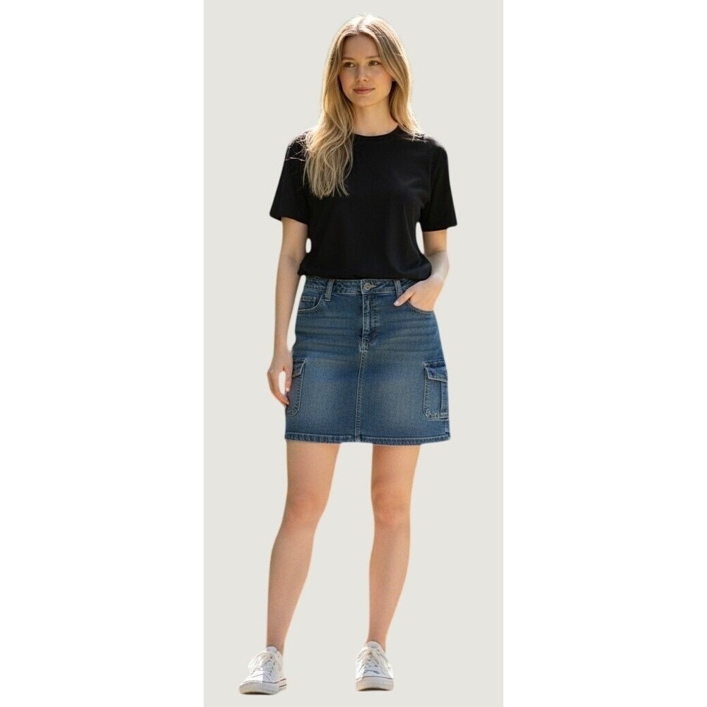 Vtg Y2K Old Navy denim mini skirt plus size Cargo Med Wash NICE fade Stretch 18W